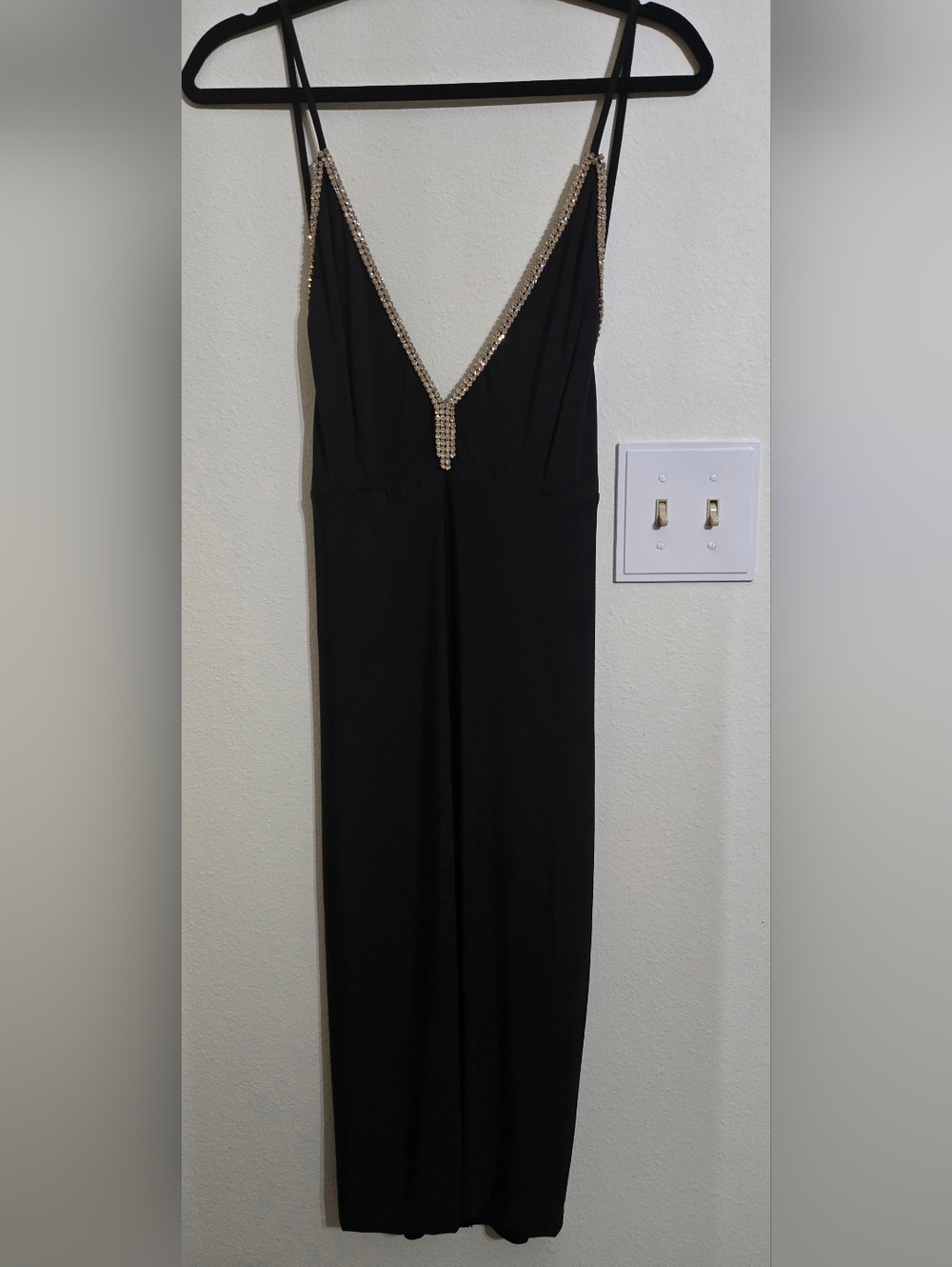 Black Knee Length Slip Dress with Rhinestone V-Neck And Low Scoop Back